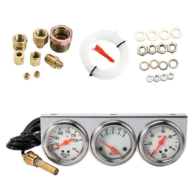 Abizarch Triple Gauge Kit, 3 in 1 Car Oil Volt Water Gauge, Chrome Housing, White Face, Red Needles, 51mm Size, 100-280F Water Temp, 8-16V Volts, 0-100psi Oil Pressure - Image 1
